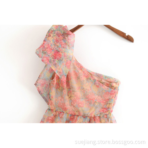 Colorful One Shoulder Asymmetric Short Chiffon Dress